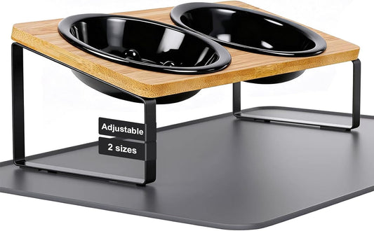 Upgraded Adjustable Height Cat Food Bowls Stand Ceramic Dog Bowls and Slow Feeder Cat Bowl, 15°Tilted Stand Anti Vomiting Raised for Small and Medium Sized Cats Dogs (Black (2 Bowl+Pet mat))