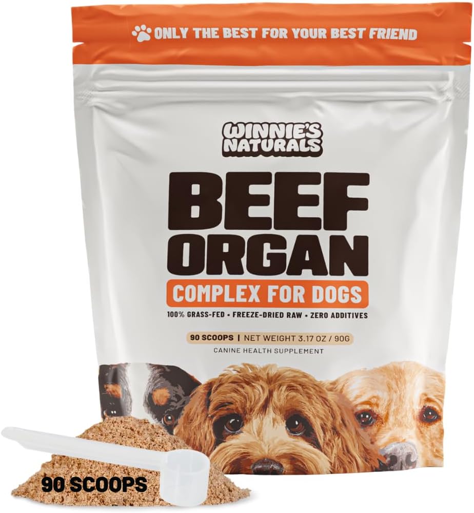 Winnies Naturals Beef Organ Complex Supplement for Dogs, Grass Fed Beef Organs Meal Topper, Dog Multivitamin, Dog Joint Health Supplement Support, Raw Food Supplement for Dogs, 90 Servings