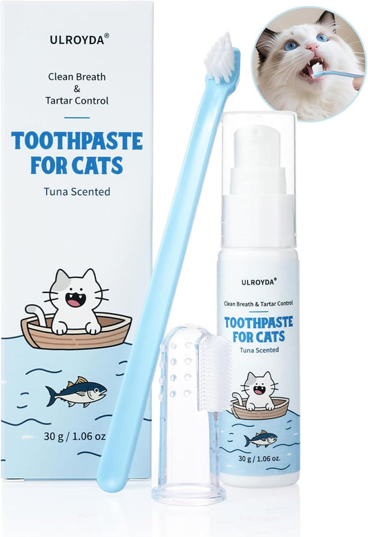 Cat Dental Care Kit – Tuna Flavor Toothpaste 1.06 oz with Toothbrush & Finger Brush | Gentle Formula, Fresh Breath & Plaque Control