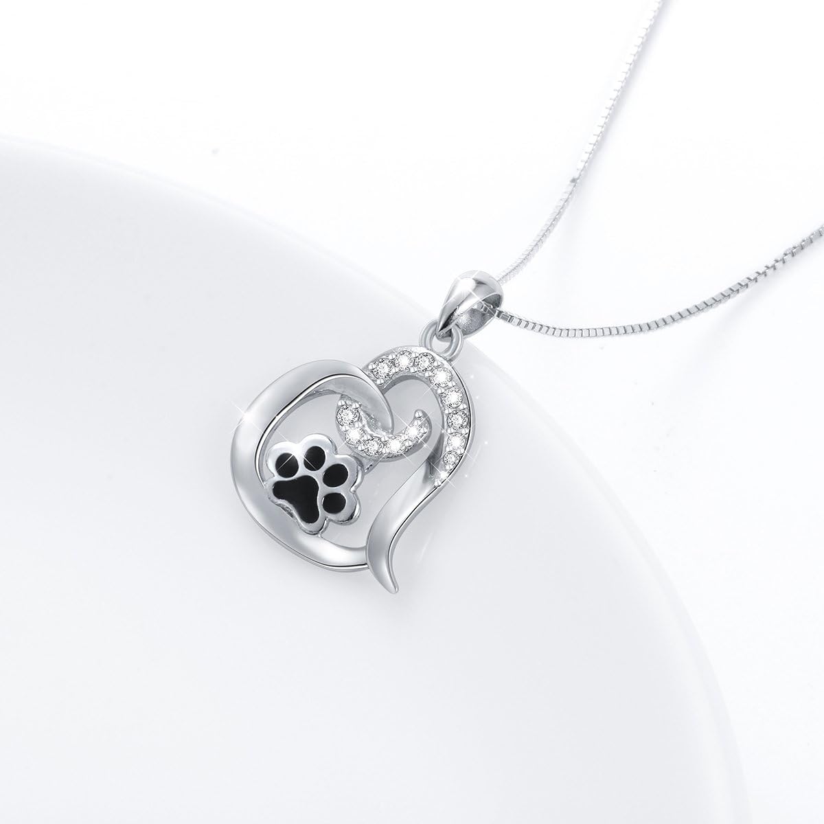 FLYOW 925 Sterling Silver Cute Paw Print Forever Love Heart Pendant Necklace/Bracelet/Stud Earrings Gift for Women, Box Chain 18"