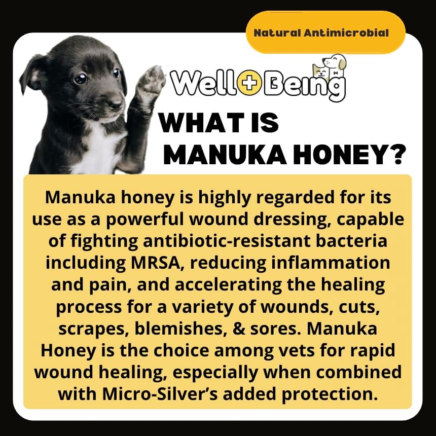 Well-Being Manuka Honey Silver Rapid Wound Repair Ointment for Dogs, Cats and Horses Superior Healing Qualities for Rapid Repair of Cuts, Surgical Inscisions, Abrasions Prevents Infection 2 Ounce