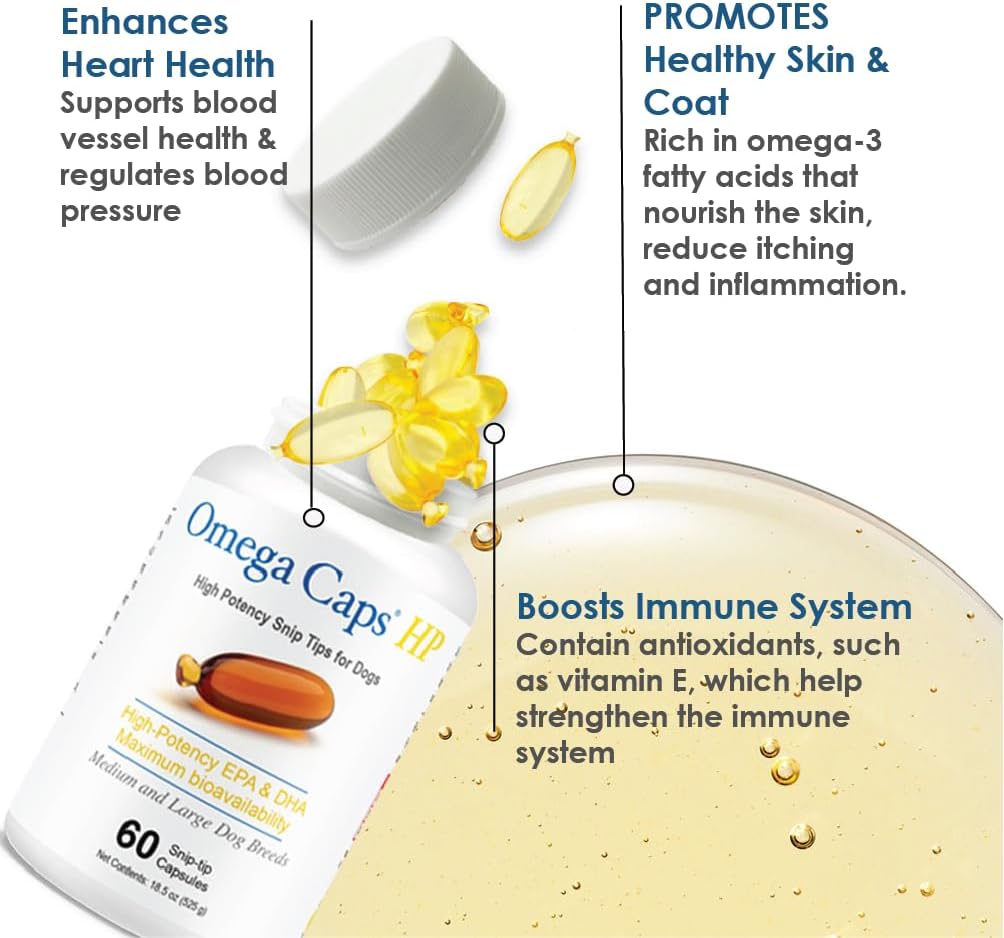 Omega Caps HP Snip Tips for Medium and Large Dogs High Potency EPA and DHA Maximum Bioavailability Fish Oil Supplement Vet Formulated Made in USA Skin Coat Joint and Heart Health 60 Capsules