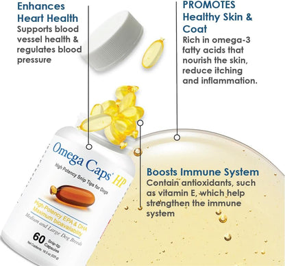 Omega Caps HP Snip Tips for Medium and Large Dogs High Potency EPA and DHA Maximum Bioavailability Fish Oil Supplement Vet Formulated Made in USA Skin Coat Joint and Heart Health 60 Capsules