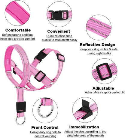 No-Pull Dog Headcollar - Reflective Halter Collar for Dogs, Padded Head Collar to Stop Heavy Pulling, Anti-Pull Muzzle Leash (Pink, Medium)