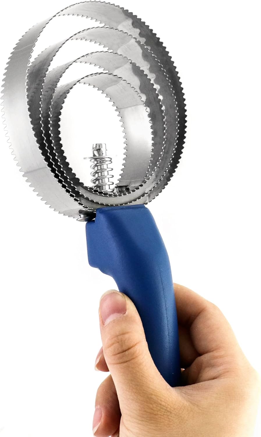 QWORK Double Sided Curry Comb, 2 Pack 4 Rings Stainless Steel Curry Comb with Soft Touch Grip, Blue