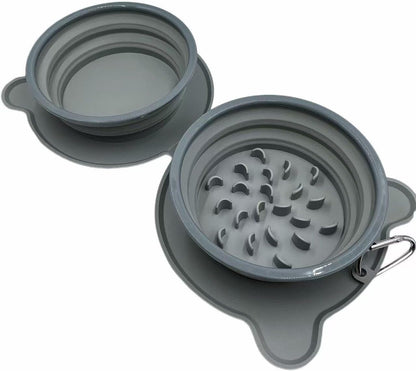 Portable Collapsible Dog Bowl, 2-in-1 Double-Sided Slow Feed Pet Dish with Non-Slip Base & Carabiner, for Hiking, Camping, Travel (Gray)