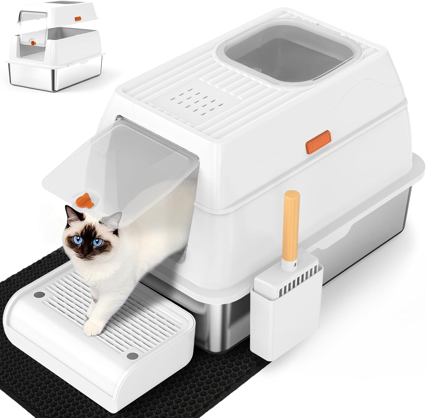 SZEE XL Stainless Steel Litter Box, Top Exit Design, Non Stick, No Smell, Easy Cleaning, Activated Charcoal Odor Control Design, Half/Fully Enclosed Design, Footboard, Trapping Mat & Scoop Included