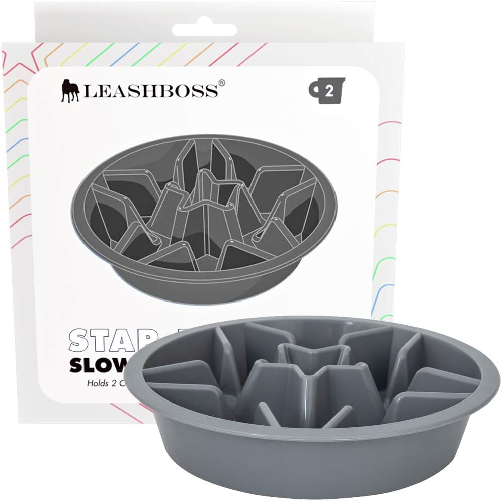 Leash Boss Slow Feeder Dog Bowls - Nonslip Slow Feeder Insert, Healthy Eating Dog Food Bowl, Includes Puppy Essentials Placemat & Star Mold, 2 Cup, Gray