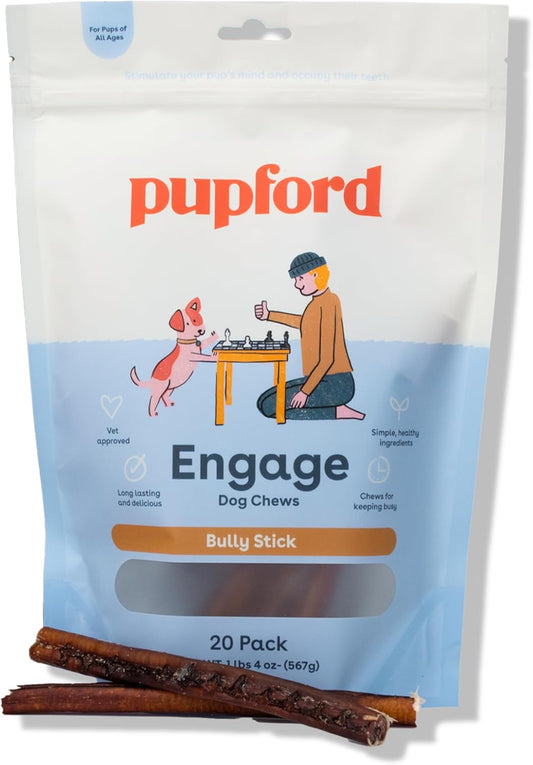 Pupford Thick Bully Sticks for Dogs & Puppies, Smoked for Improved Smell, Natural, Long-Lasting, Single Ingredient Chews for Small & Medium Breeds (6", 20 Count)