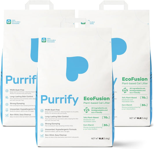 EcoFusion Cat Litter 3 Pack (8lb Each) Tofu & Corn Blend, Zero Powdering, Zero Mess, 99.8% Dust-Free, 98% Odor Control, Fast Clumping, Non-Stick, Includes Bonus Cat Scratcher