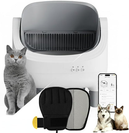 Auto Self-Cleaning Litter Box + Pet Hair Remover Glove Bundle, Open-Top Box with 10.5L Bin & Grooming Glove