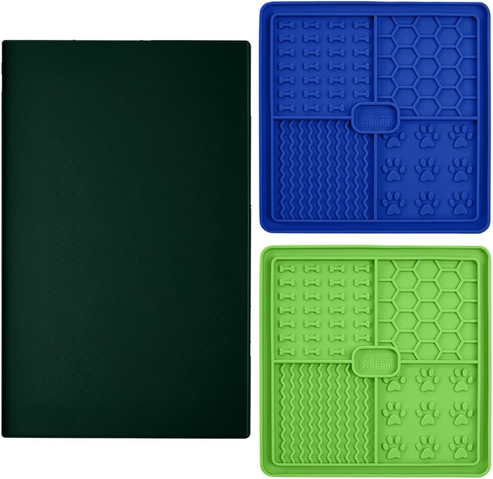 Gorilla Grip Silicone Pet Feeding Mat and Dog and Cat Lick Mat 2 Pack, 18.5x11.5 in Dog Cat Food Mat Contains Spills Green Color, Interactive Activity Toy Licking Pad 1 Royal 1 Green, 2 Item Bundle