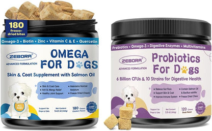 ZEBORA Probiotics for Dogs – 6 Billion CFUs & 10 Strains with Prebiotics, Omega 3 Fish Oil for Dogs Skin and Coat