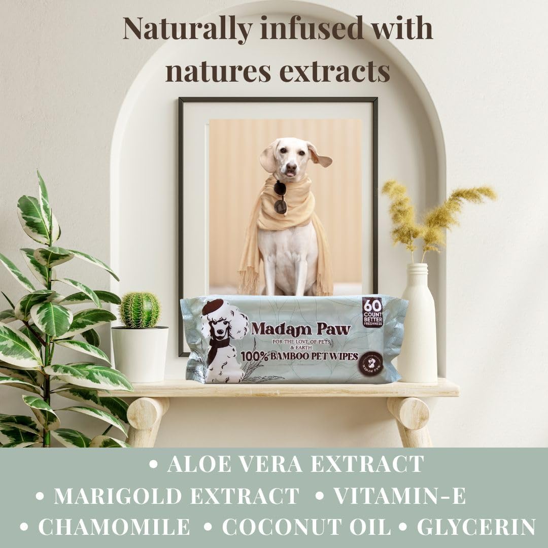 XL Organic Unscented Pet Wipes - Paws Body Butt - Plant Based Bamboo Pet Wipes - Thick Hypoallergenic & Textured for Cleansing & Gentle Hydrating Cat & Puppy Dog Wipes for Travel