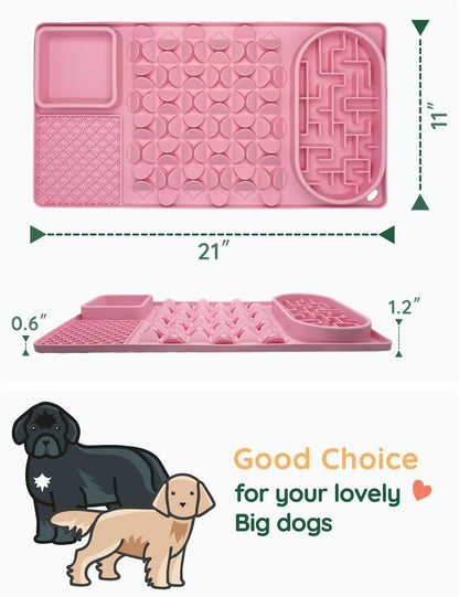 Slow Feeder Bowl for Large Dog, Silicone Lick Mat & Snuffle Mat with Suction Cups - Interactive Puzzle Feeder to Slow Eating & Keep Busy, Reduce Vomiting & Relieve Boredom (21"x 11" Pink)