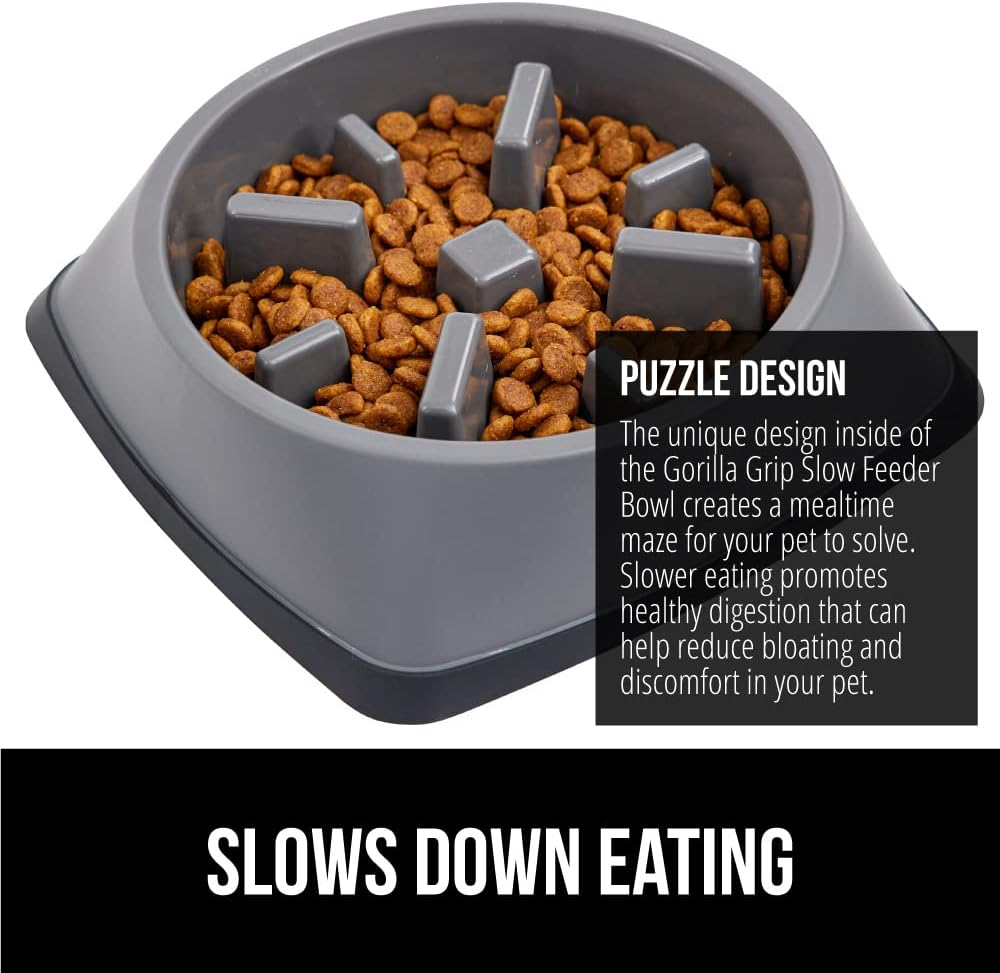 GORILLA GRIP Patent Pending Slow Feeder Dog Bowls, Interactive Puzzle Toy for Dogs and Cats Food Training, Keeps Pets Busy and Prevents Puppy Overeating, All Breeds, 100% BPA Free, 2 Cup, Gray