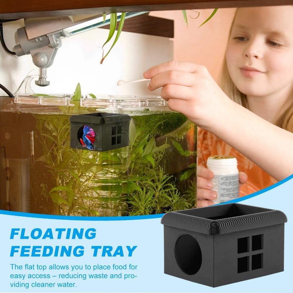 Floating Bettas Fish Hideout with Window 3D Fish Breeding Box & Shelter Floating Feeding Plat-Form for Bettas Tanks Rest Cave for Small Aquariums(Color:Black)