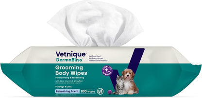 Vetnique DermaBliss Pet Wipes for Dogs & Cats for Grooming, Cleansing & Deodorizing, Thick Dog Wipes for Convenient Dog Cleaning and Natural Pet Odor Eliminator, 100ct Refreshing Scent
