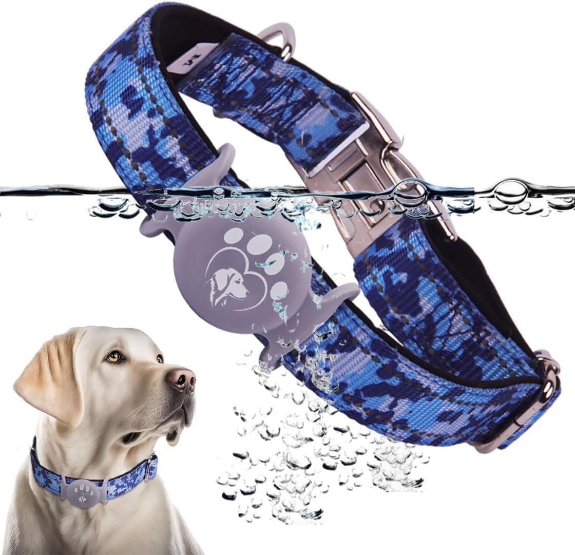 Airtag Dog Collar, Waterproof Airtag Holder, Apple Airtag Dog Collar, Heavy Duty Dog Collar, Adjustable, Soft, and Reflective for Medium and Large Dogs (Blue)