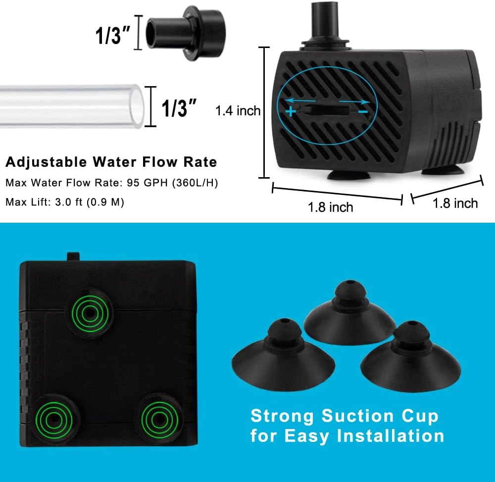 PULACO 95GPH 5W Mini Submersible Water Pump with 3.3 ft Tubing for Aquarium Fish Tank, Pond, Fountain, Hydroponics