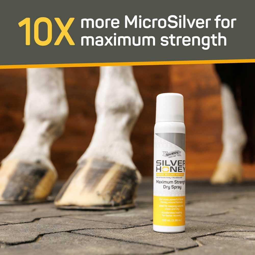 Silver Honey Rapid Wound Repair Maximum Strength Dry Spray 100 ml / 3.38 oz, Manuka Honey + MicroSilver BG, Equine First Aid & Wound Care