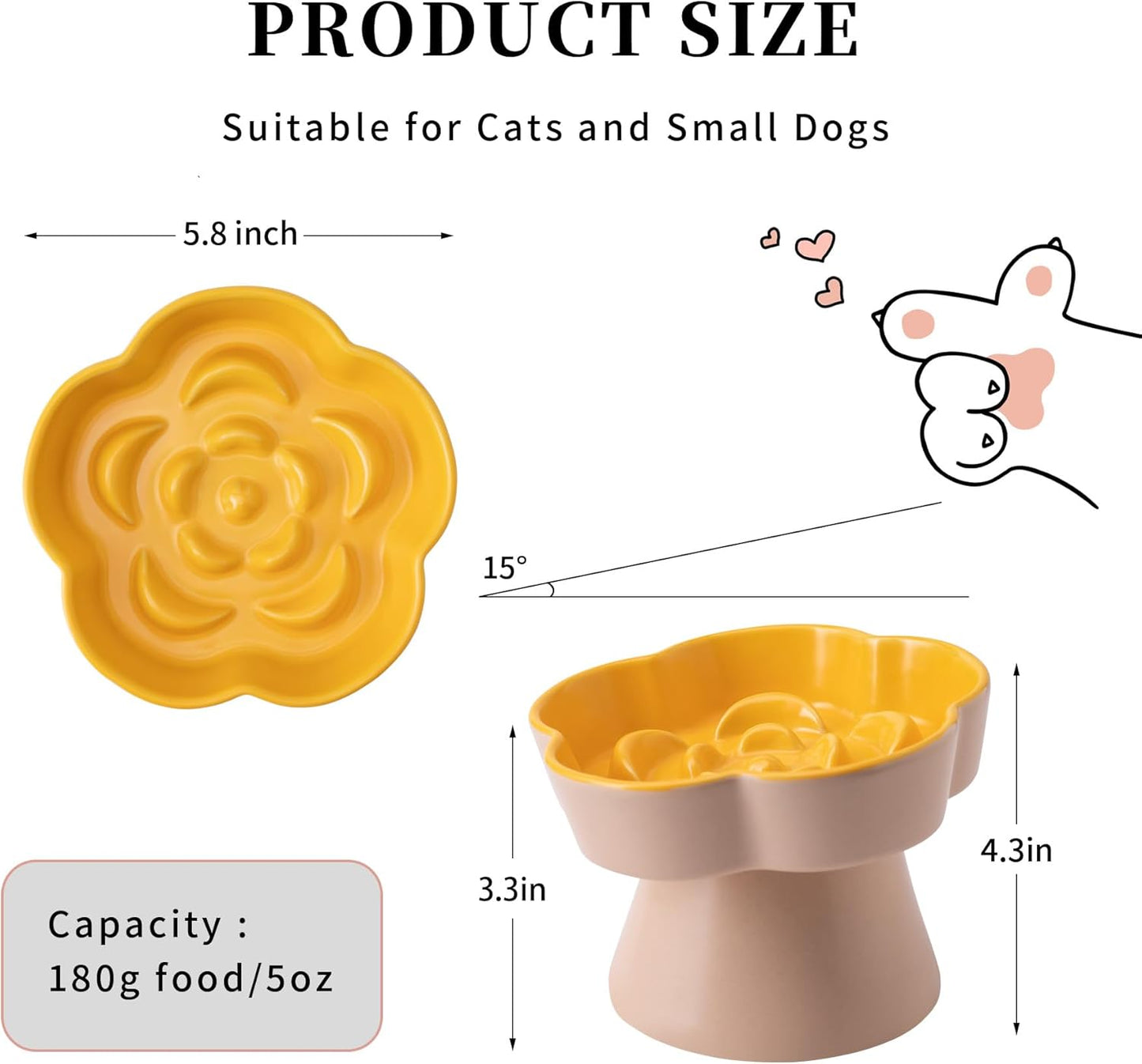 Tilted Cat Bowl, Flower-Shaped Ceramic Slow Feeder Cat Bowl, Raised Pet Bowl for Whisker Relief, Prevents Vomiting & Bloating, Non-Slip Base, Easy to Clean for Dry/Wet Food (Yellow & Beige)