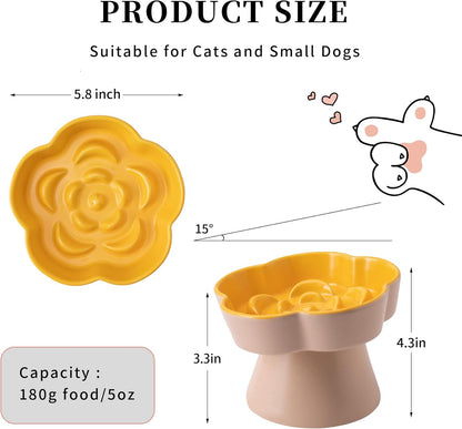 Tilted Cat Bowl, Flower-Shaped Ceramic Slow Feeder Cat Bowl, Raised Pet Bowl for Whisker Relief, Prevents Vomiting & Bloating, Non-Slip Base, Easy to Clean for Dry/Wet Food (Yellow & Beige)