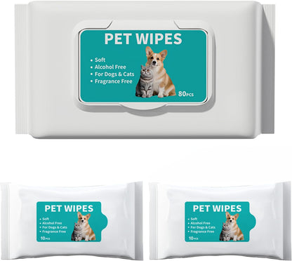 Pet Cleaning and deodorizing Anal Gland Hygiene Wipes for Dogs and Cats, Low allergenic, Cleans and moisturizes, for Grooming Paws, Body, and Rear, Fragrance-Free, 80+10+10 Value-Convenient Combo Pack
