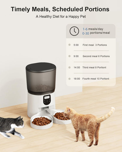 Automatic Cat Feeders for 2Cats, 6L/25cup Automatic Cat Food Dispenser with 2 Stainless Pet Bowls,10s Meal Call Timer Setting 20 Portions 6Meals Per Day, Timed Pet Feeder for Cats Dog Indoor Dry Food