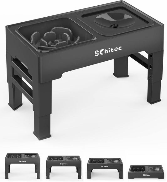 Elevated Dog Bowls, Raised Dog Bowl Stand with Slow Feeder & No Spill Water Bowl, 4 Adjustable Heights for Large Medium and Small Dogs