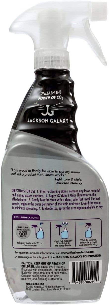 Jackson Galaxy EX Stain & Odor Eliminator Pet Urine Remover - 23 oz Bottle - 2 Fills Included - 50% More Mojo - Eliminates Pet Stains & Odors Quickly - Works On Multiple Surfaces - Non-Toxic