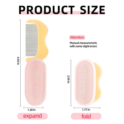 Foldable Cat Grooming Comb for Shedding and Face Care, Stainless Steel Brush for Tear Stains and Full-Body Hair, Portable ABS Handle for Cats and Small Dogs (pink‌ + yellow‌)