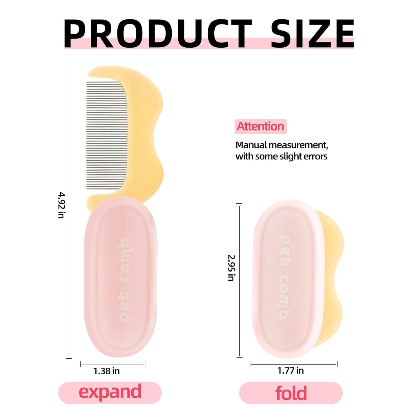 Foldable Cat Grooming Comb for Shedding and Face Care, Stainless Steel Brush for Tear Stains and Full-Body Hair, Portable ABS Handle for Cats and Small Dogs (pink‌ + yellow‌)