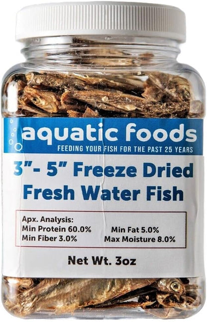 Aquatic Foods Inc. 3"- 5" Fresh Water Freeze Dried Fish for Piranha, Large Fish, Turtles, Cats, Sugar Glider, Marmosets, Chinchillas, Squirrels, Hamsters…3oz Small Jar
