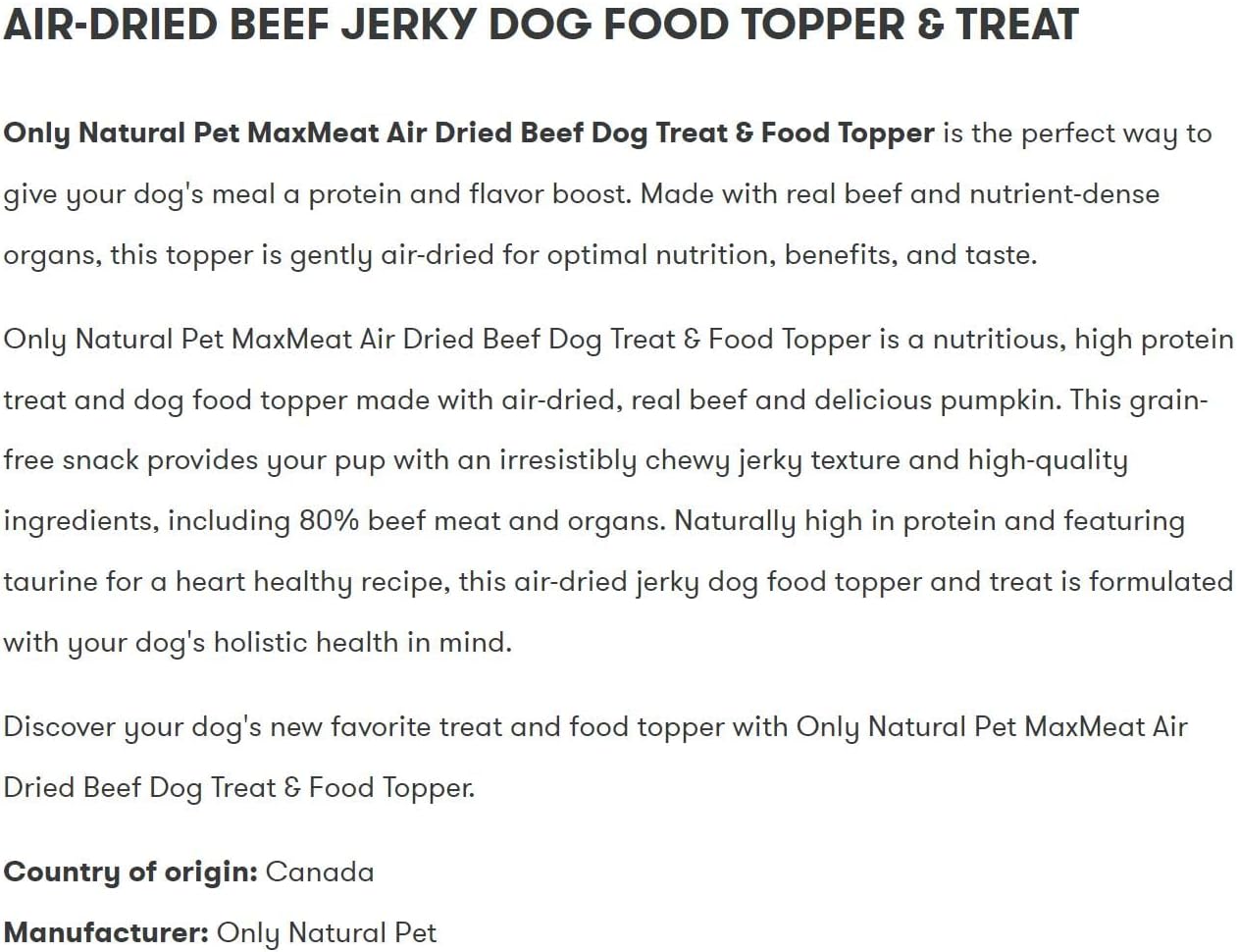 Only Natural Pet MaxMeat Holistic Air Dried Dry Dog Food Meal Topper - All Natural, High Protein, Grain Free and Limited Ingredient - Made with Real Meat - Beef with Pumpkin & Parsley 4 oz