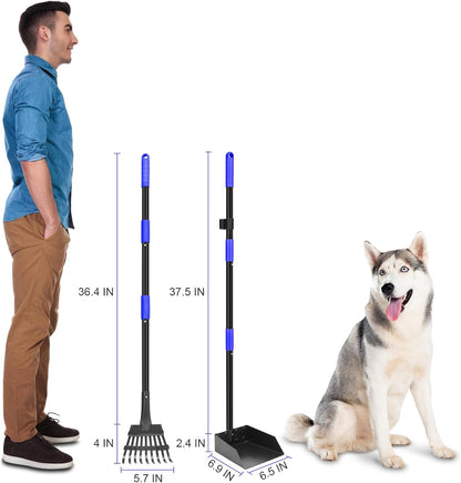 Pooper Scooper, Dog Pooper Scooper Tray and Rake Set with Adjustable Stainless Steel Long Handle for Large Medium Small Dogs (Blue)