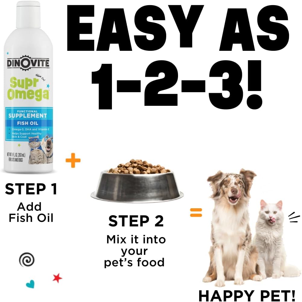 Dinovite SuprOmega Fish Oil for Dogs & Cats - Vitamin E & Omega 3 Meal Topper - Skin & Coat Health for Dogs & Cats - 8 oz