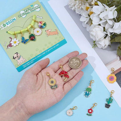 12 Styles Vegetative Collar Pendants for Cat Dog Alloy Enamel Cacti Pet Collar Pendants Clip-on Butterfly Flower Pet Collar for Bag Keychain Jewelry Making Training Home Decor