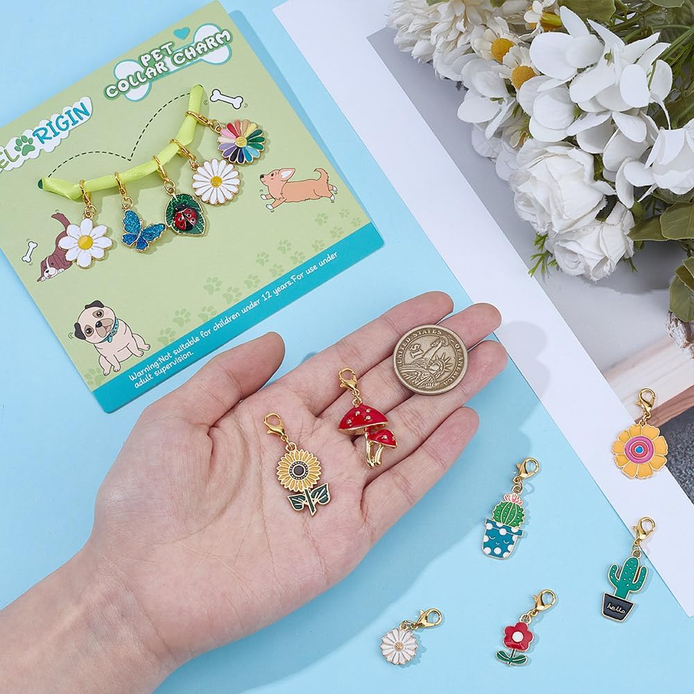 12 Styles Vegetative Collar Pendants for Cat Dog Alloy Enamel Cacti Pet Collar Pendants Clip-on Butterfly Flower Pet Collar for Bag Keychain Jewelry Making Training Home Decor