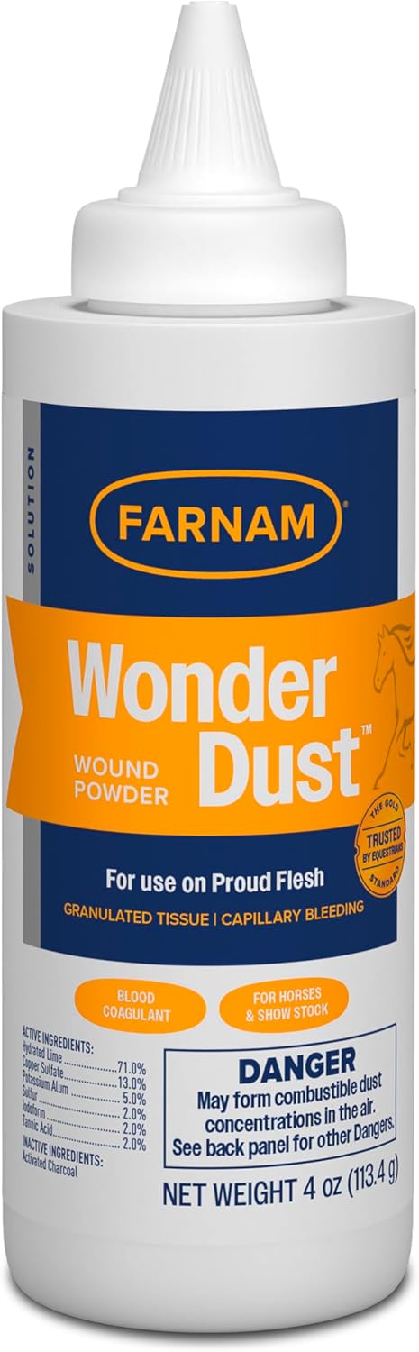 Farnam Wonder Dust Wound Powder, Blood Coagulant for Horses and Show Stock, For Use on Proud Flesh, Granulated Tissue, 4 Ounces