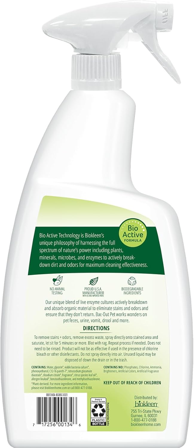 Biokleen Bac-Out Pet Urine Odor Eliminator - 32 Ounce Spray 2 Pack - Enzymatic, Natural, Destroys Stains & Odors Safely, for Pet Stains on Carpets & Furniture - Micro Towel Included