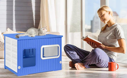 Cat House for Outdoor Indoor Use, Stackable Feral Cat Shelter Indoor Cat House Weatherproof Waterproof Elevated, with 2-Sided Cushion (Blue White)
