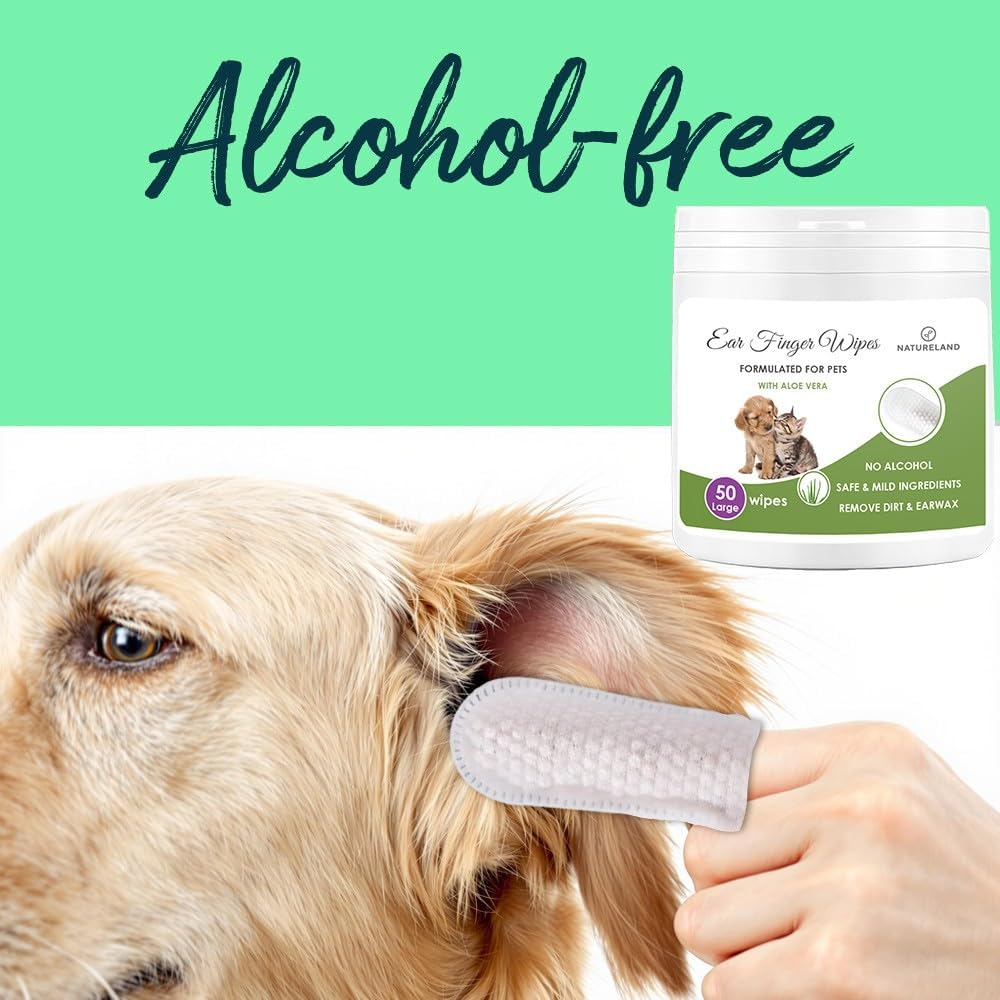 Natureland [Large Size Finger Wipes] Dog & Cat Ear Finger Wipes - Otic Cleaning Wipes for Infections and Controlling Ear Infections and Ear Odor in Pets (50 Large)
