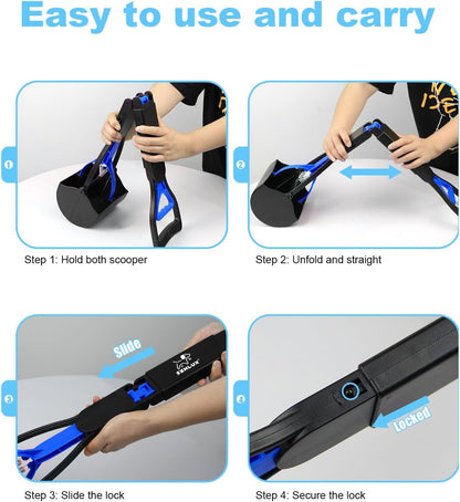 SZHLUX 28" Pooper Scooper, Foldable Dog Pooper Scooper with Unbreakable Material and Durable Spring for Grass and Gravel, Blue