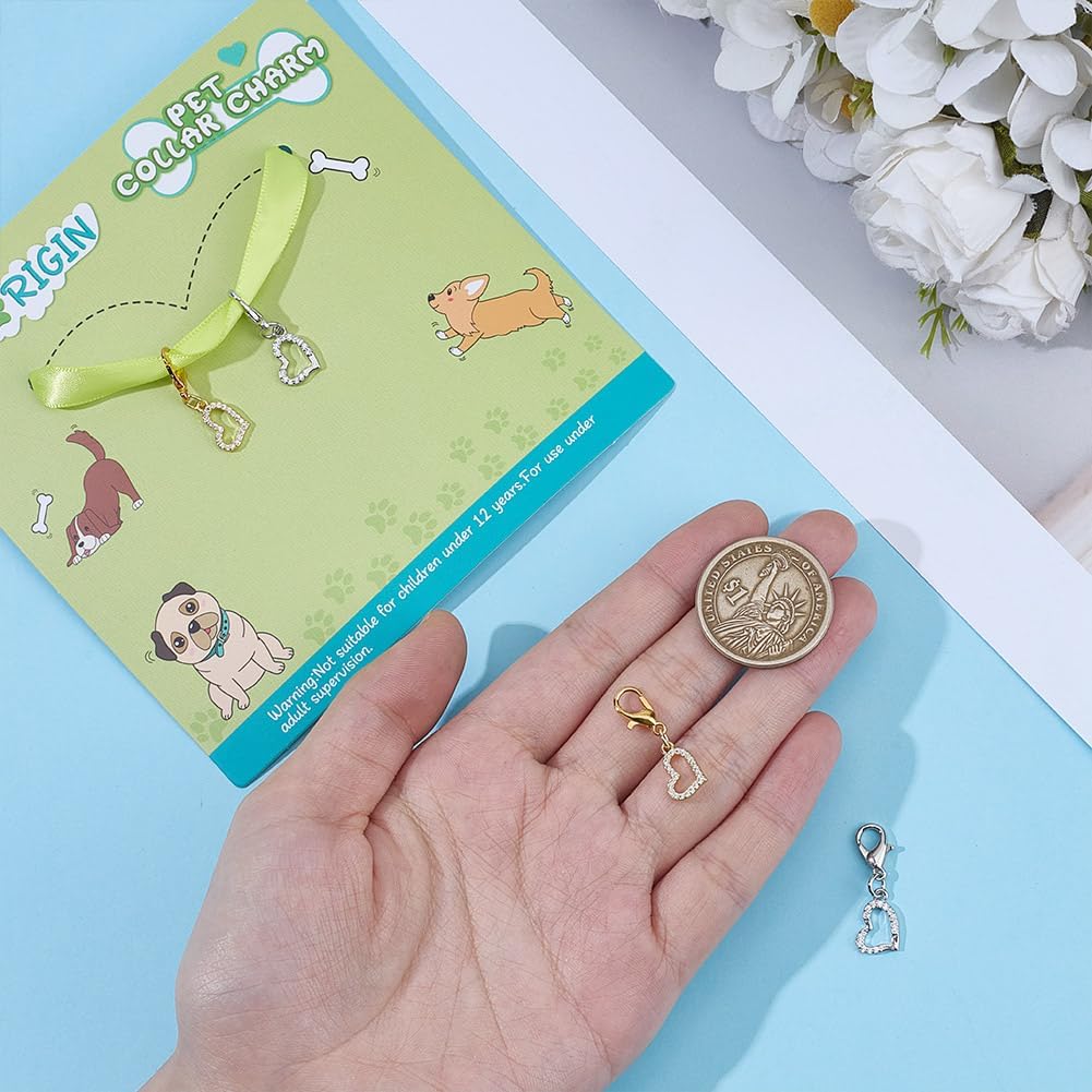 4pcs Heart Collar Pendants for Cat Dog Valentine Charms Brass Rhinestone Pet Collar Pendants Clip-on Charms for Bag Decor Keychain Pet Necklace Jewelry Making Training Home Decor
