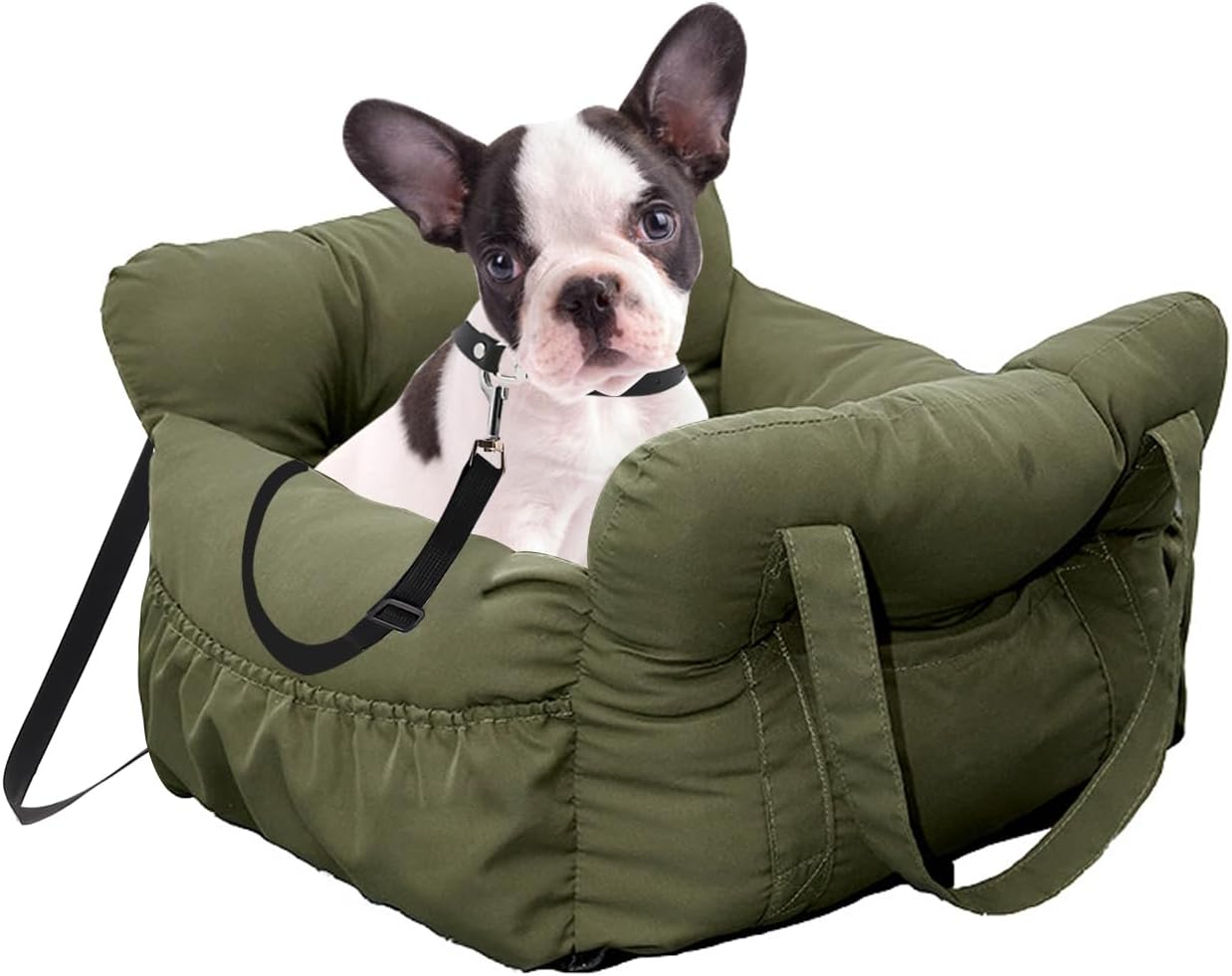 Small Dog Car Seat Up to 15lbs - Pet Travel Bed Booster with Storage, Safety Tether, Anti-Slip Bottom for Cars(Green)