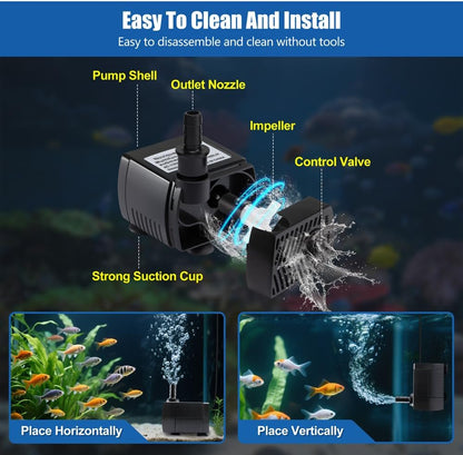 105 GPH Submersible Water Pump with 4.76ft Power Cord and 2 Nozzles 5W Ultra Quiet Mini Fountain Pump with 2.8ft High Lift Aquarium Water Pump for Fish Tank Pond Fountain Hydroponics