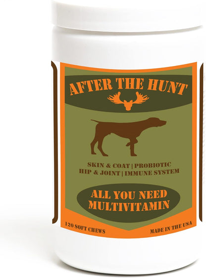 After The Hunt All You Need Complete Dog Multivitamin - Daily Vitamins for Skin & Coat Hip & Joint Digestion & Immune System - Glucosamine Omega 3 6 9 & Probiotics - 120 ct