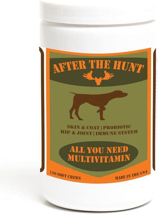 After The Hunt All You Need Complete Dog Multivitamin - Daily Vitamins for Skin & Coat Hip & Joint Digestion & Immune System - Glucosamine Omega 3 6 9 & Probiotics - 120 ct