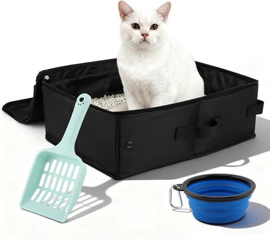 Travel Litter Box for Cats, Portable Litter Box with Scoop & Bowl, Leak Proof,Waterproof Collapsible Carrier for Car, Outdoor, Hotel